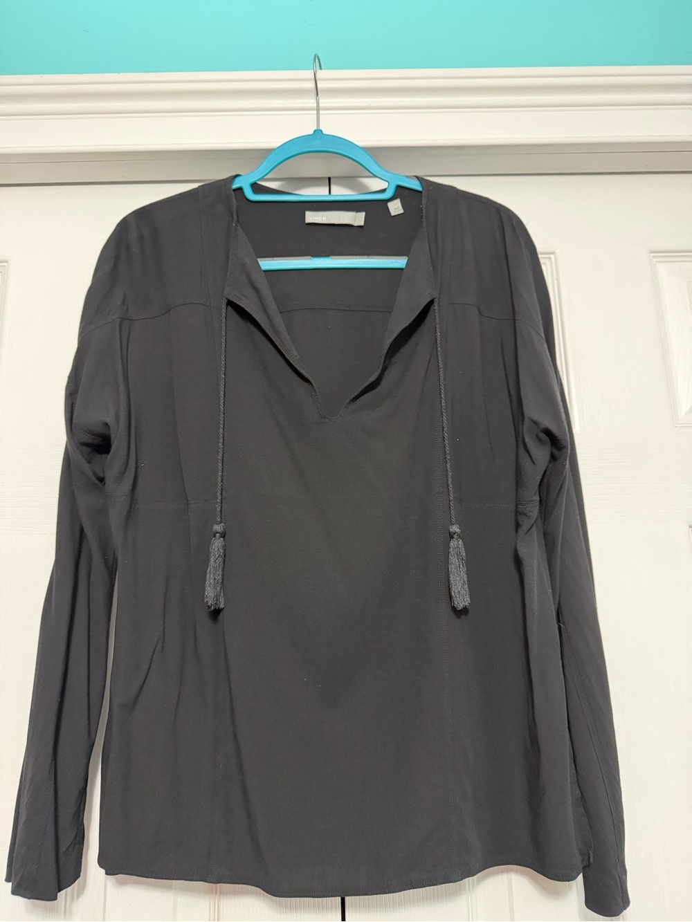 Vince Black Long-Sleeve V-Neck Top with Tassel Ties